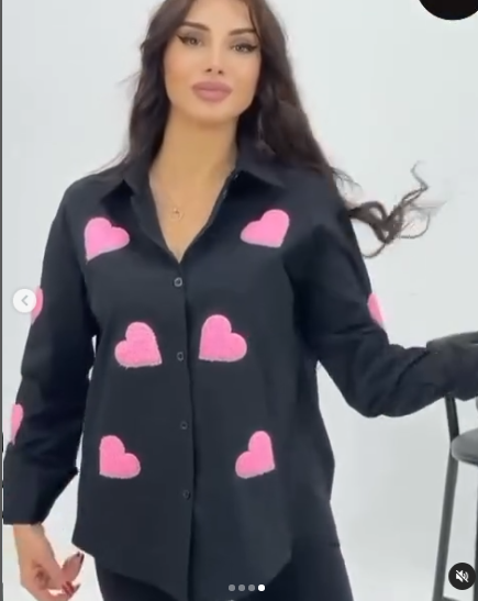 Women's Button Down Collared  Long Sleeve Shirts With 3D Heart Design